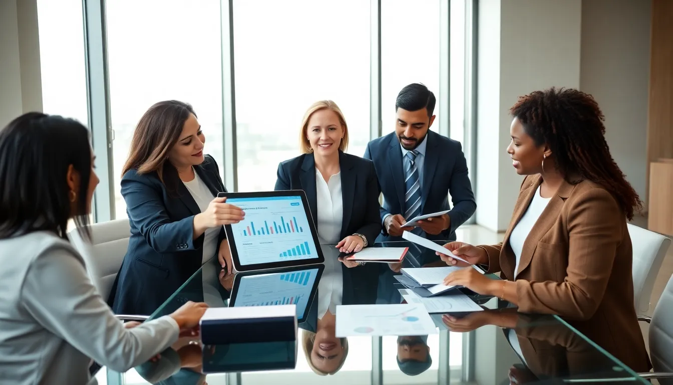 diverse professionals discussing tax planning in a modern office.