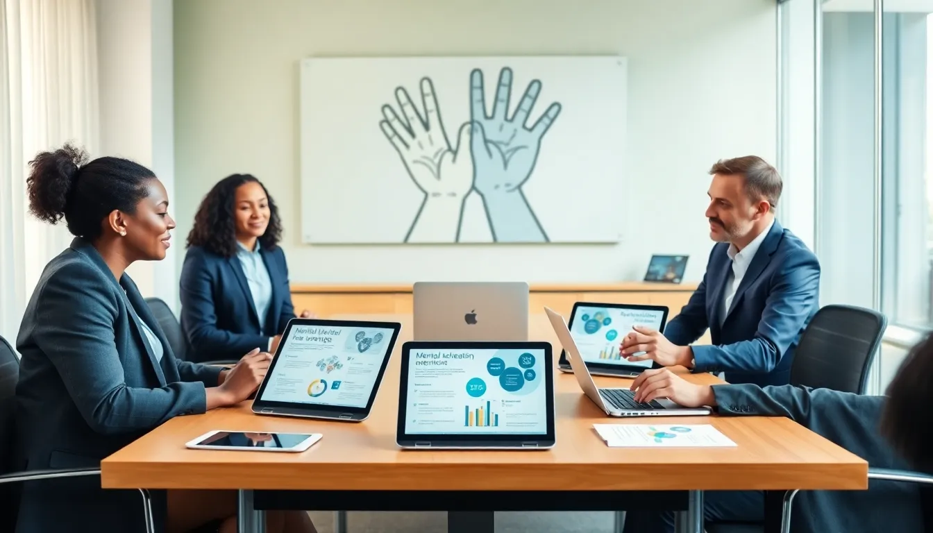 diverse team discussing mental health awareness in a modern office.