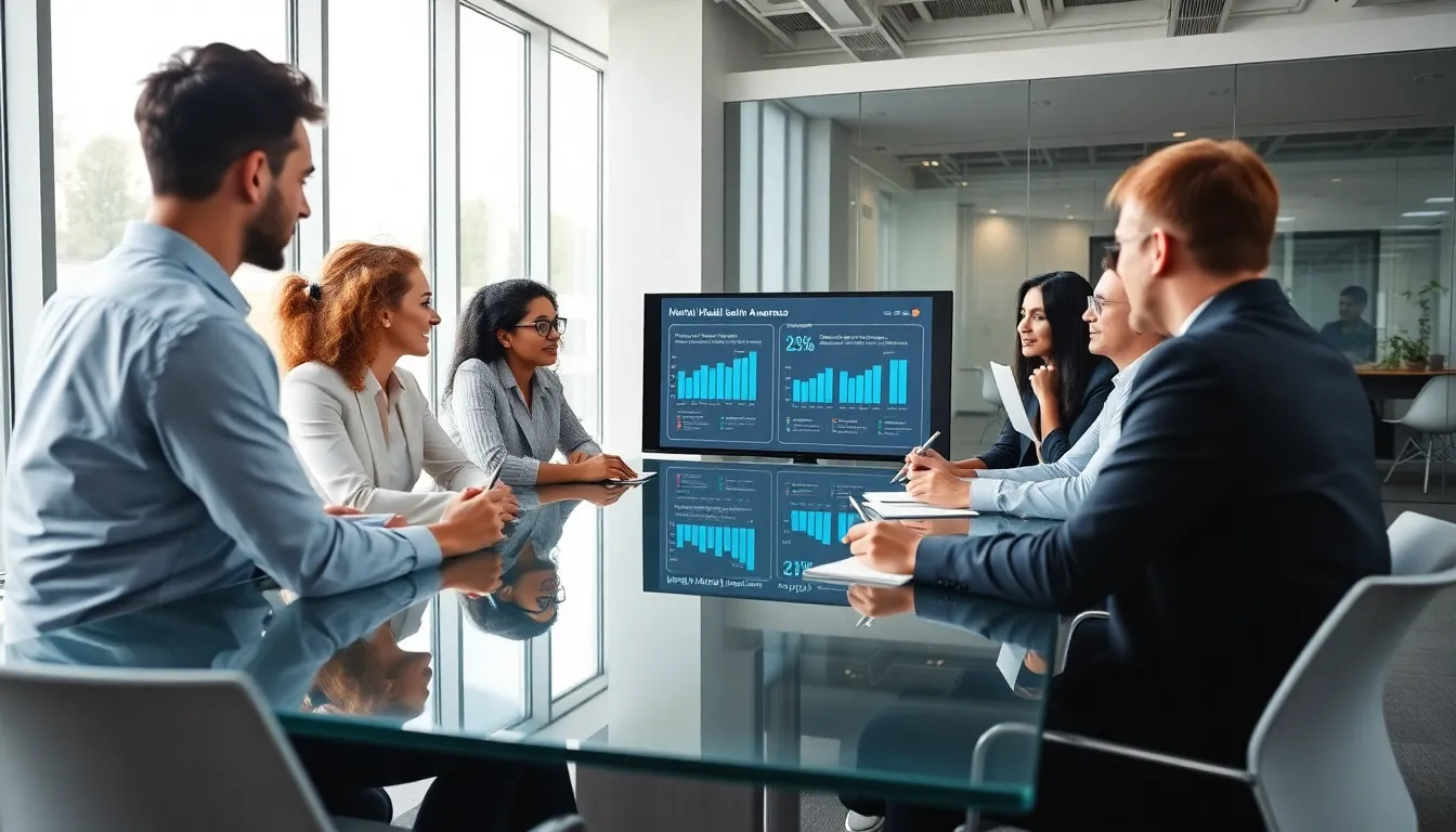 diverse team discussing mental health in a modern office.
