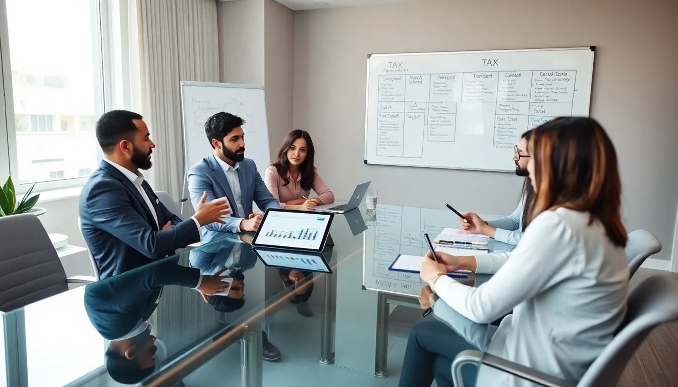 professionals discussing tax strategies in a modern office setting.
